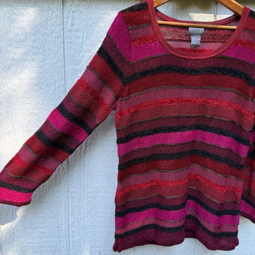 NWT Sigrid Olsen Women’s Autumn Striped Knit Red Sweater Pullover 3/4 Sleeve M - Picture 2 of 7